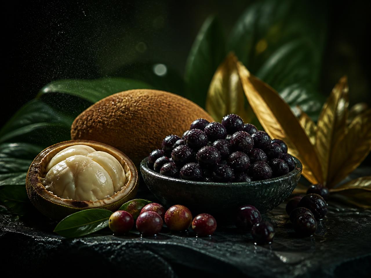 Açaí berries, cupuaçu and camu-camu fruit arranged on dark wet stone