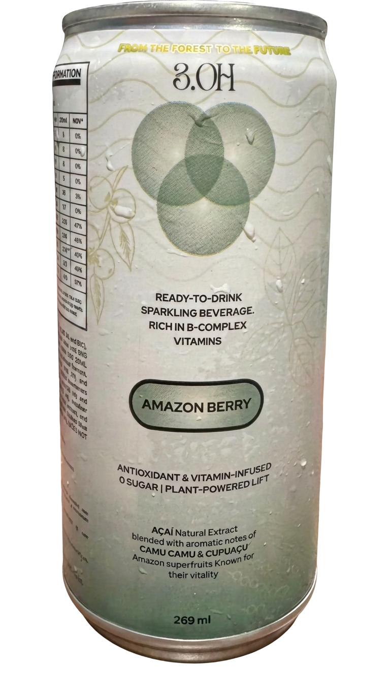 3.OH 269 ml slim can, a premium Brazilian sparkling beverage, floating in Amazon mist